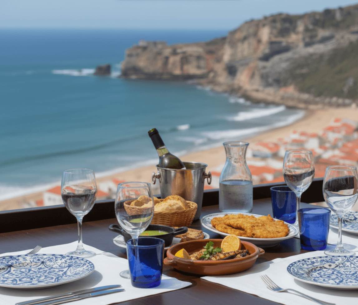 Nazare restaurant ocean view seafood meal Silver Coast Portugal coastal dining experience