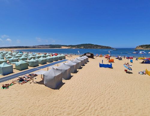 Traditional cloth beach tents in Sao Martinho do Porto - Portugal 