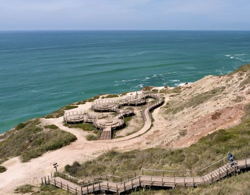 Wooden walkways of Foz do Arelho beach in Portugal 